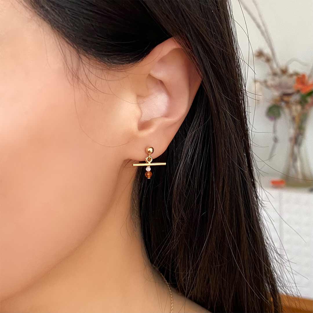 Caramel T Bar Earrings - Gold and Orange Garnet