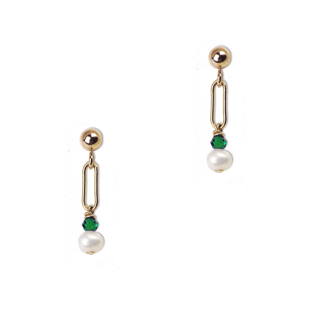 Harlow Mini Earrings - Gold and Pearl with Emerald