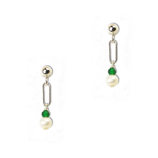 Harlow Mini Earrings - Silver and Pearl with  Emerald