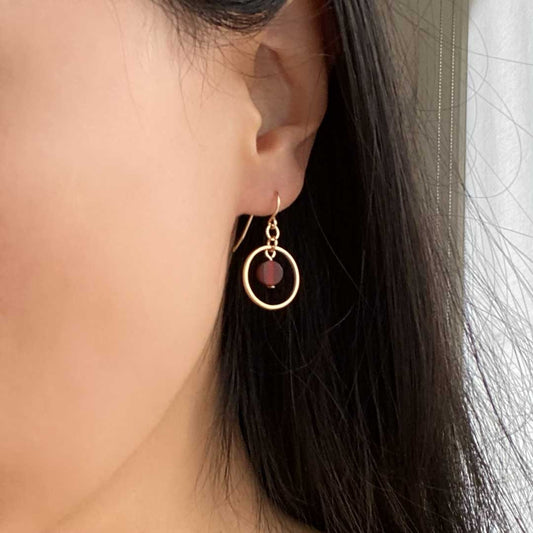 model wearing Halo Sunrise Mini Hook Earrings - Gold and Red Agate