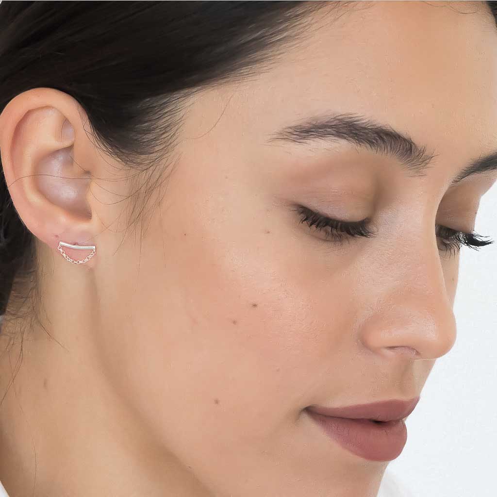 model wearing Cresent Moon earrings sterling silver
