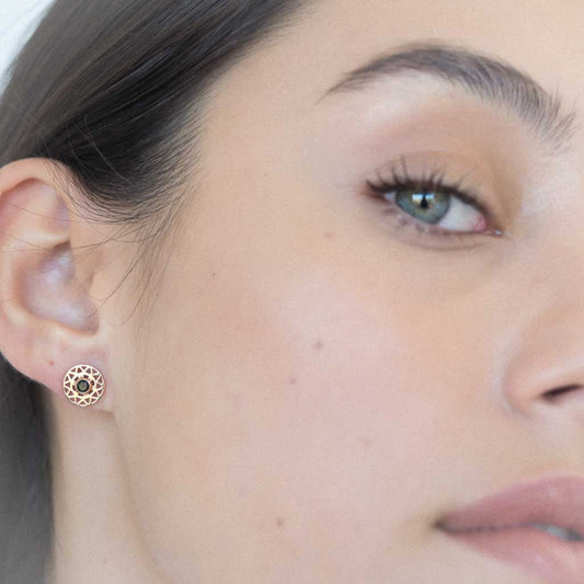 model wearing taraxacum earrings rose gold black spinel