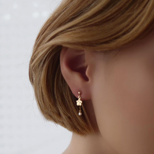 model wearing Blossom Earrings - Gold and Pearl