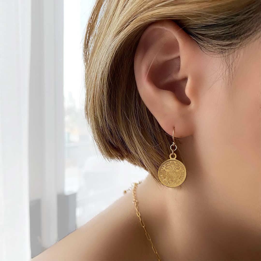 model wearing Heirloom Mini Coin Earrings tails - Gold