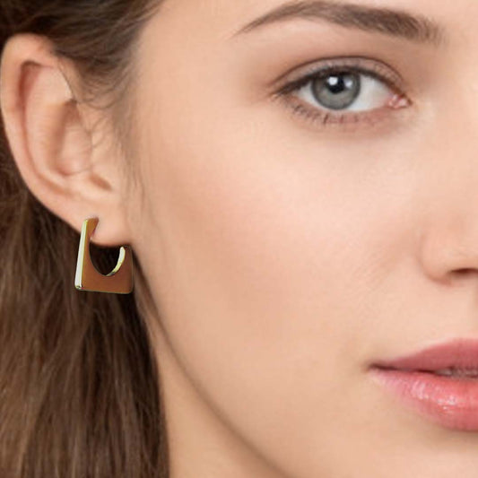 model wearing Jeanne Square Hoop Earrings - Gold
