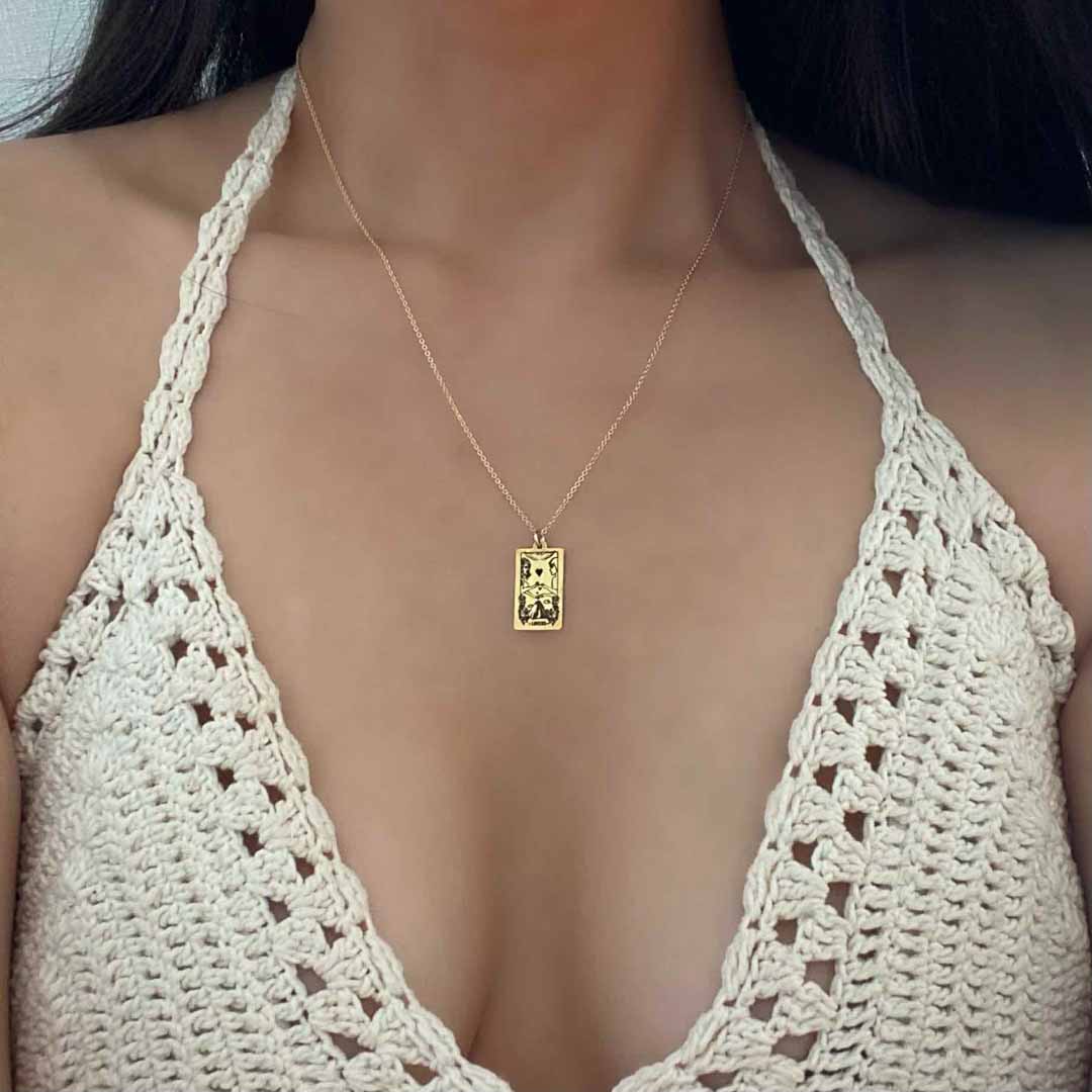 model wearing Tarot Lovers necklace pendant 14K gold filled jewellery