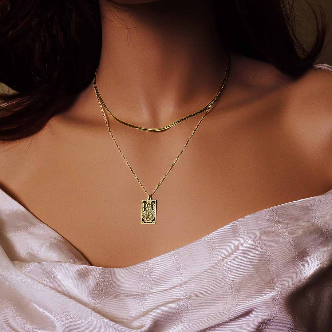 model wearing Tarot High Priestess necklace pendant 14K gold filled jewellery